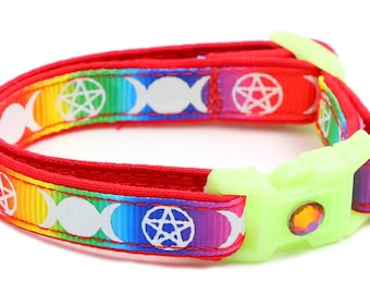 Wicca Katzenhalsband Mit Pentagramm-Anhänger & Glöckchen – Leuchtet Im Dunkeln, Sicherheitsabreißclip, Größe L (ab 4,5 Kg), Schwarz