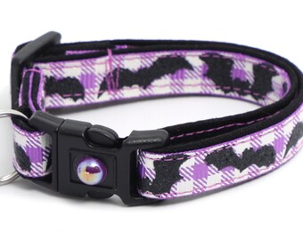 Halloween Cat Collar - Glitter Bats on Purple Plaid - Kitten or Large Size - Halloween Cat Collar B80D137