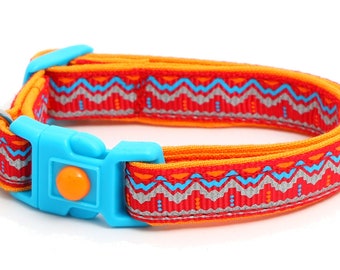 Aztec Cat Collar - Blue and Orange Aztec on Red - Reflective Stripe - B128D45