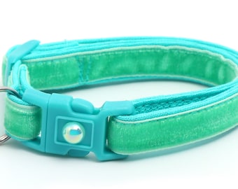 Soft Velvet Cat Collar - Aqua - Turquoise - Blue Green - Kitten or Large Size B9D222