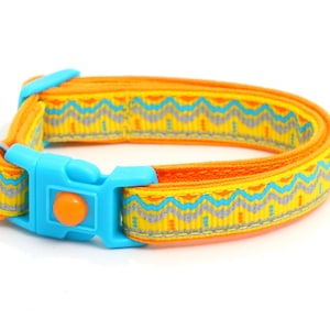 Aztec Cat Collar - Blue and Orange Aztec on Yellow - Reflective Stripe - B83D45