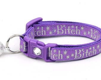 Sassy Cat Collar - Silver Bitch on Purple - Small Cat / Kitten Size or Large Size B16D14
