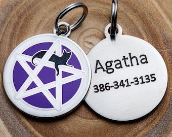 Engraved Wicca Cat ID Tag - Personalized Cat Pentagram ID Tag - Custom Wiccan Pet Name Tag -- Purple