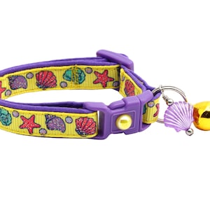 Shell Cat Collar - Beachcomber on Yellow  - Seashells and Starfish - Kitten or Large Size B42D290