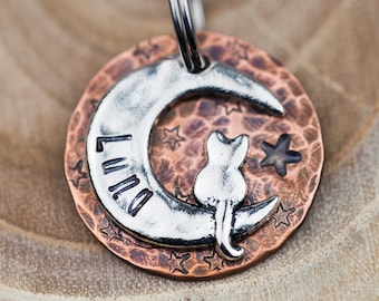 Custom Cat Tag - Small Cat on the Moon (Silver-tone) - 7/8" Copper Pet ID Tag - Hand Stamped Cat ID Tag
