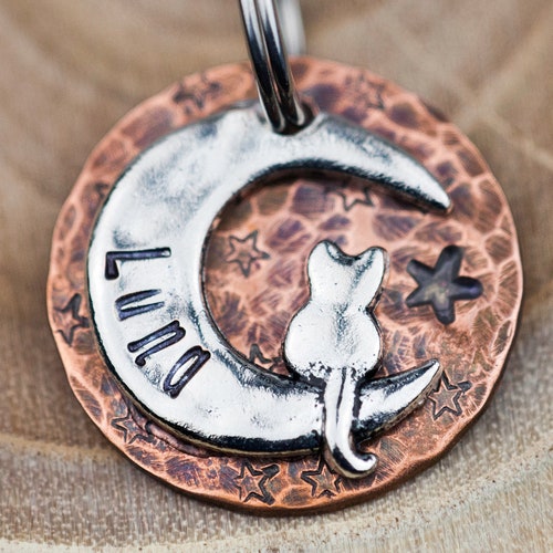 Custom Cat Tag Small Cat on the Moon silvertone Etsy