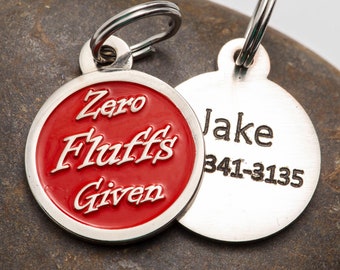 Engraved Zero Fluffs Given Pet ID Tag - Personalized Cat or Dog ID Tag - Naughty Pet Name Tag - Red-Orange Pet Tag