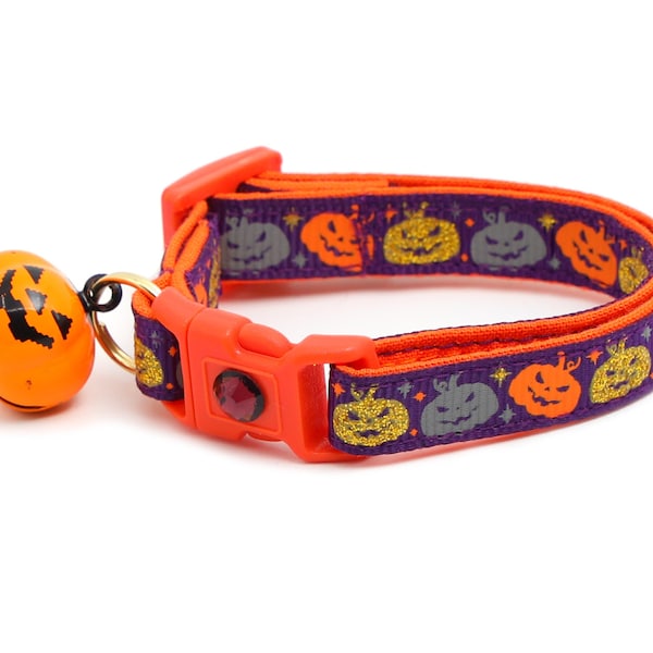 Collier pour chat d’Halloween - Spooky Jack-O-Lanterns sur violet - Petit chat / Chaton Taille ou Grand (standard) Taille Collier B31D212