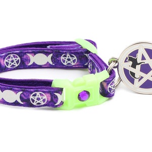 Wicca Cat Collar - Witch's Familiar on Amethyst - Breakaway Cat Collar - Kitten or Large size - Glow in the Dark B94D31