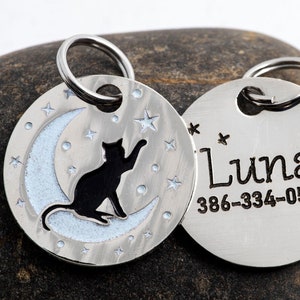 Deep Engraved Moon Cat ID Tag with Subtle Glow-in-the-dark (Silver-tone)