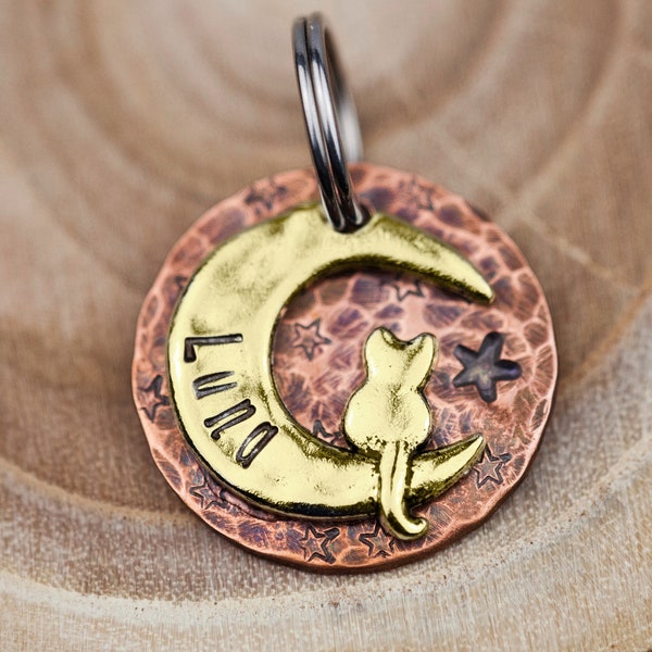 Custom Cat Tag - Small Cat on the Moon (gold tone) - 7/8" Copper Pet ID Tag - Hand Stamped Cat ID Tag