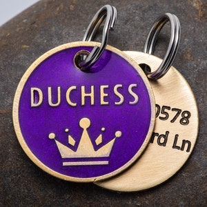 Engraved Crown Pet ID Tag - Cat or Dog Royal Purple and Gold Name Tag - Tiara Pet ID Tag - Princess, Prince, King or Queen