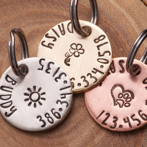 Petite ID tag (3/4 in) • Pick your design • Cat or dog Name Tag • Stamped ID Tag • Small Name Tag • Custom Pet Tag • Brass or Copper