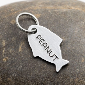 Custom Double Sided Cat Tag - 1&quot; Aluminum Fish Pet Tag - Hand Stamped Pet ID Tag