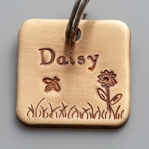 Daisy & Bee Pet Tag - Flower pet tag - 7/8" brass Pet ID Tag - Hand Stamped Cat ID Tag -Dog tag - pet tag - Brass (gold color) tag