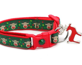 Christmas Cat Collar - Jolly Reindeer on Green - Small Cat / Kitten Size or Large(standard) Size Collar B23D46