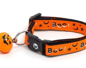 Halloween Cat Collar - Boo on Orange - Large Size or Small Cat / Kitten Size B12D247
