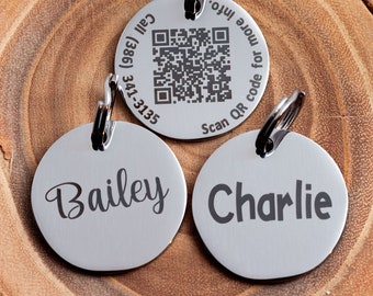 QR Code Stainless Steel (silver colored) Cat or Dog ID tag - QR Pet Tag - PingTag Membership Included