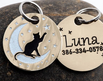 Engraved Moon Cat ID Tag with Subtle Glow-in-the-dark - Cat on the Moon (Gold-tone) - 1" Pet ID Tag - Custom Cat ID Tag