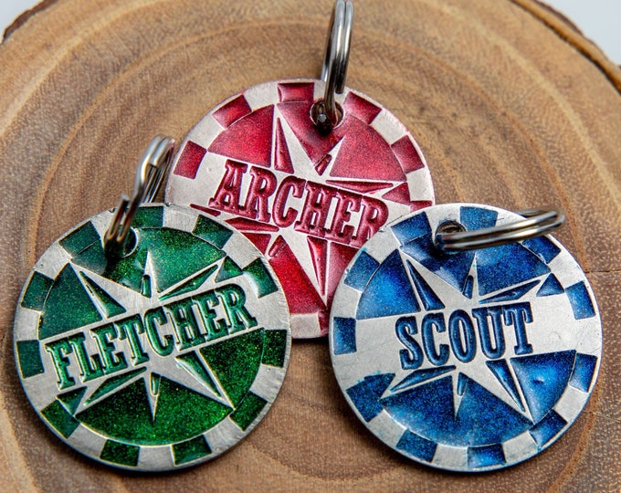 Customizable Compass Rose Pet ID Tag - Red, Green, or Blue - Personalized Adventure Cat or Dog Name Tag
