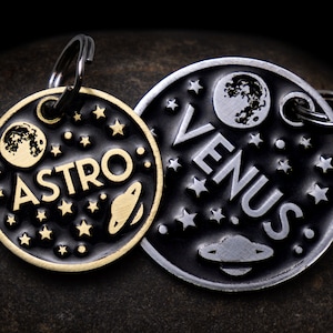 Engraved Celestial Pet ID Tag  Personalized for your Cat or Dog - 1" Silver or Gold Color Moon, Stars, and Space Name Tag