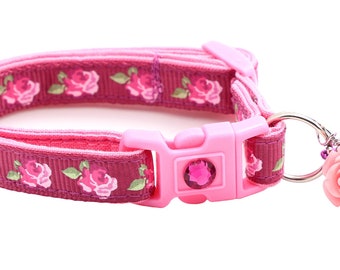 Floral Cat Collar - Pink Tea Party Roses on Mauve - Breakaway Safety - B150D43