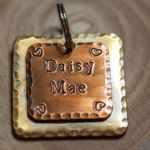 Custom Dog Tag - 1" Square Brass and Copper Dog ID Tag - Hand Stamped Cat Id Tag