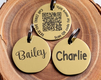 QR Code Stainless Steel (gold colored) Cat or Dog ID tag - QR Pet Tag - PingTag Membership Included