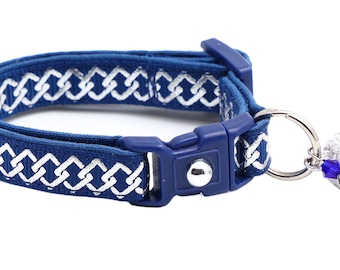 Celtic Knot Cat Collar - Silver Knots on Navy Blue - Breakaway Safety - B59D270