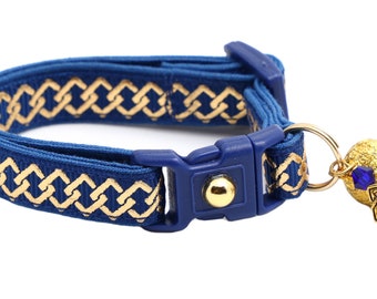 Celtic Knot Cat Collar - Gold Knots on Navy Blue - Breakaway Safety - B36D270
