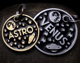 Engraved Celestial Pet ID Tag  Personalized for your Cat or Dog - 1" Silver or Gold Color Moon, Stars, and Space Name Tag