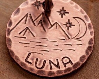 Moon stars Mountains Pet tag - Luna Dog Name Tag - Adventure Stamped Cat ID Tag -- Lake ID Tag -- Moon ID Tag -- Custom Pet Tag