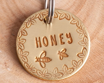 Bees and Flowers Pet ID tag - Honey Dog Name Tag - Bee Stamped Cat ID Tag -- Spring ID Tag -- flowers Tag -- Custom Pet Tag