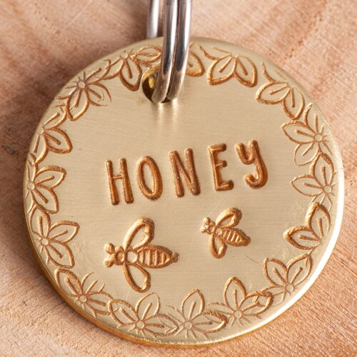 Bees and Flowers Pet ID Tag Honey Dog Name Tag Bee Stamped Etsy