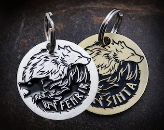 Engraved Wolf Yin Yang Pet ID Tag - Personalized Cat or Dog Name Tag - Wolves ID tag - Customizable