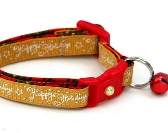 Holiday Cat Collar - Happy Holidays on Gold - Kitten or Large Size B116D69