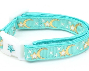 Moon Cat Collar - Gold Moons and Stars on Aqua - Breakaway Cat Collar - Kitten or Large size - Glow in the Dark B8