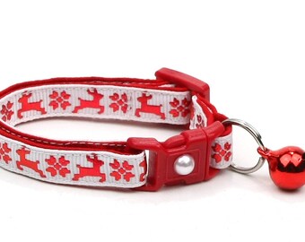 Christmas Cat Collar - Fair Isle Reindeer on White - Small Cat / Kitten Size or Large (Standard) Size Collar B101D46