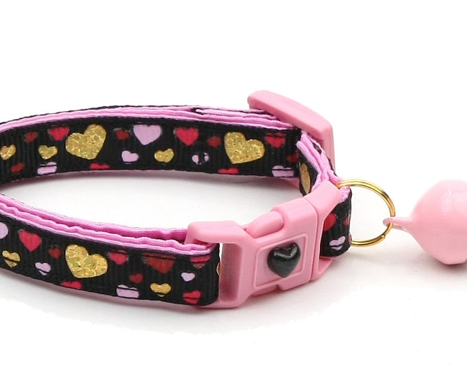 Valentines Day Cat Collar - Raining Hearts on Black - Kitten or Large Size B16D62