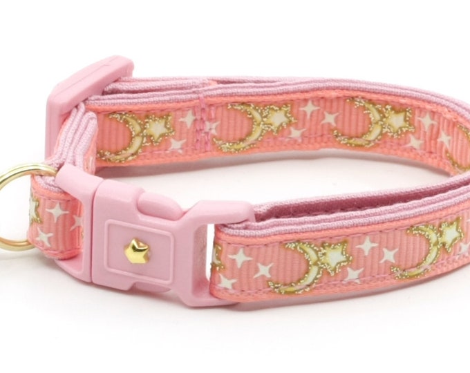 Moon Cat Collar Gold Moons and Stars on Coral Pink Breakaway Cat Collar