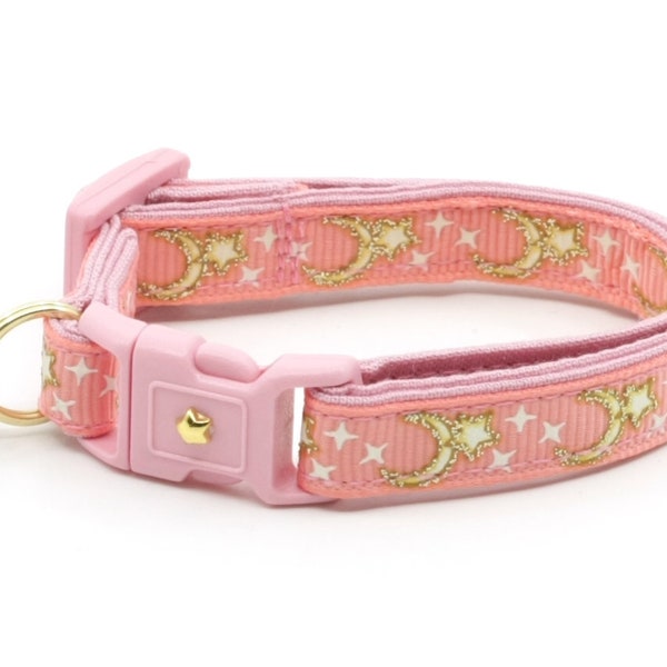 Moon Cat Collar - Lunes d’or et étoiles sur Corail Rose - Collier de chat breakaway - Chaton ou grande taille - Glow in the Dark B4D204