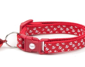 Nautical Cat Collar - Mini Anchors on Red - Kitten or Large Size B85D104