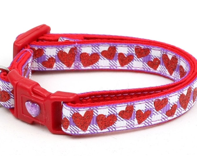 Valentines Day Cat Collar - Red Glitter Hearts on Purple Gingham - Kitten or Large Size B66D72