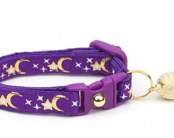 Moon Cat Collar - Gold Moons and Stars on Purple - Breakaway Cat Collar - Kitten or Large size - Glow in the Dark