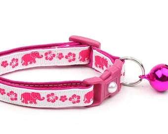 Elephant Cat Collar - Pink Elephants and Tropical Flowers - Small Cat / Kitten Size or Large Size B64D131