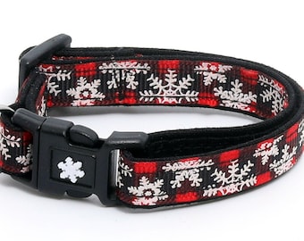 Winter Cat Collar -Snowflakes on Red Plaid  - Breakaway - Kitten or Large Size B73D110