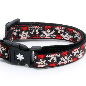 Winter Cat Collar -Snowflakes on Red Plaid  - Breakaway - Kitten or Large Size B73D110