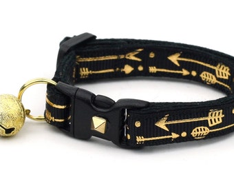 Arrow Cat Collar - Metallic Gold Arrows on Black - Small Cat / Kitten Size or Large Size - Woodland - Boho B51D188