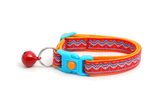 Aztec Cat Collar Blue and Orange Aztec on Red Reflective Stripe