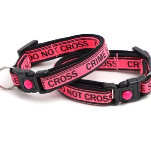 May include: Two pink cat collars with black text that reads "Do Not Cross Crime Scene" and a silver heart-shaped tag that reads "Here Comes Trouble".